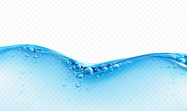 Blaue transparente Wasserwelle mit Blasen auf weißem Hintergrund. Echt transparenter Wassereffekt. Vektorillustration — Stockvektor