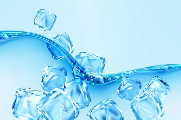 Cubos de hielo cayendo en azul onda transparente de salpicadura de agua con burbujas aisladas sobre fondo azul. Efecto de agua transparente real. Ilustración vectorial — Archivo Imágenes Vectoriales