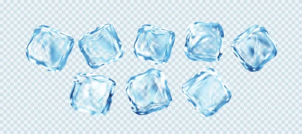 Set of Realistic Ice Cubes Isolated on White Transparent Background. Real transparent ice effect. Vector illustration — Stock Vector