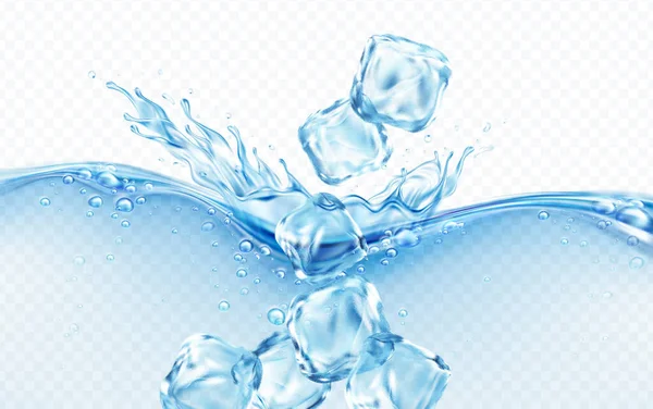 冰块落入蓝色透明的水花波中，气泡在白色背景上被隔离。真正透明的水的效果。矢量说明 — 图库矢量图片