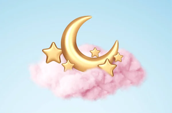 Luna creciente, estrellas doradas y nubes rosadas estilo 3d aisladas sobre fondo azul. Sueño, canción de cuna, diseño de fondo de sueños para pancarta, folleto, póster. Ilustración vectorial — Vector de stock