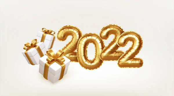 Szczęśliwego Nowego Roku 2022 metaliczne złote balony foliowe i pudełka prezentów na białym tle. Złote balony helowe numer 2022 Nowy Rok. Ilustracja wektora — Wektor stockowy