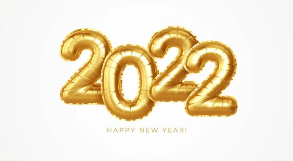 Feliz año nuevo 2022 globos metálicos lámina de oro sobre un fondo blanco. Globos dorados de helio número 2022 Año Nuevo. Ilustración Ve3ctor — Vector de stock