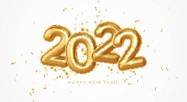 Feliz ano novo 2022 balões de folha de ouro metálico em um fundo branco. Balões de hélio dourado número 2022 Ano Novo. Ilustração de Ve3ctor — Vetor de Stock