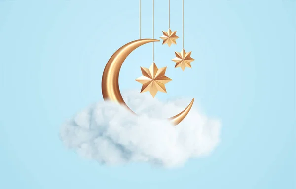 Crescent moon, golden stars and white clouds 3d style isolated on blue background. Dream, lullaby, dreams background design for banner, booklet, poster. Vector illustration — Stockvector