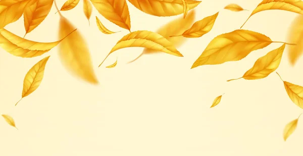 Fallande flygande höst lämnar bakgrunden. Realistiska höst gula blad isolerad på gul bakgrund. Fall försäljning bakgrund. Vektorillustration — Stock vektor