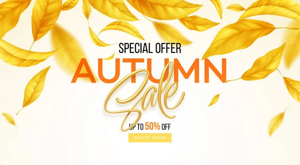 Background for the autumn season of discounts. Fall sale background with flying yellow and orange autumn leaves. Vector illustration — Stock Vector