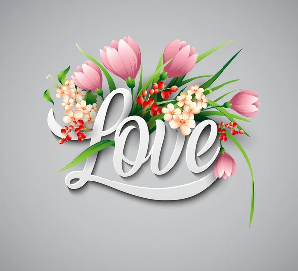 Slovo láska s květinami — Stockový vektor