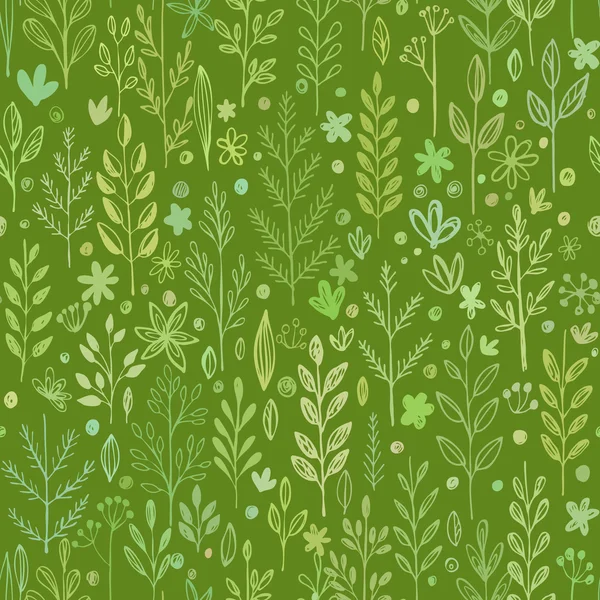 Nahtlose Hände gezeichneten Frühlingsmuster mit Gras und Blumen. Vektorillustration — Stockvektor