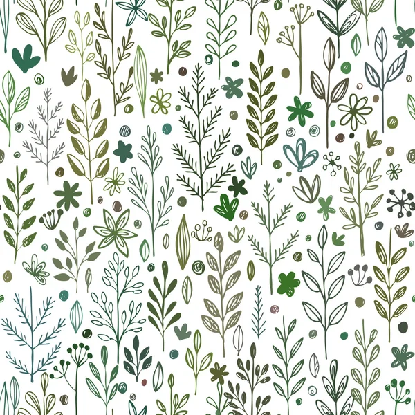 Manos sin costuras dibujadas patrón de primavera con hierba y flores. Ilustración vectorial — Vector de stock