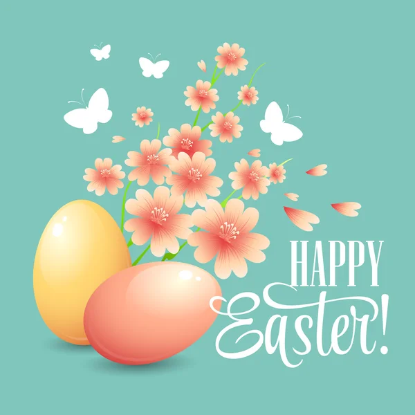 Cartão de Páscoa com ovos e flores. ilustração vetorial — Vetor de Stock