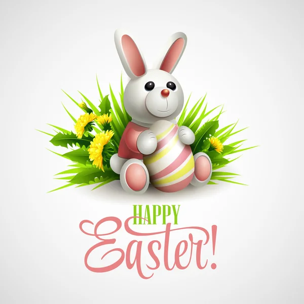 Tarjeta de Pascua con conejo, huevos y flores. Ilustración vectorial — Archivo Imágenes Vectoriales