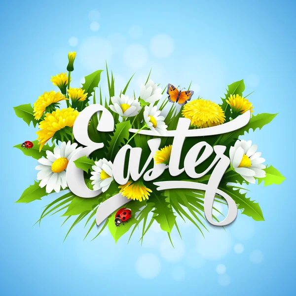 Title Easter with spring flowers. Vector illustration — Stock Vector