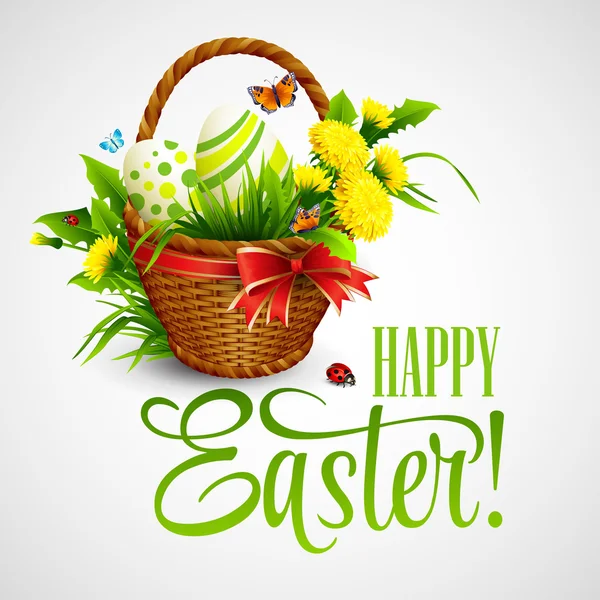 Easter card with basket, eggs and flowers. Vector illustration Royalty Free Stock Vectors