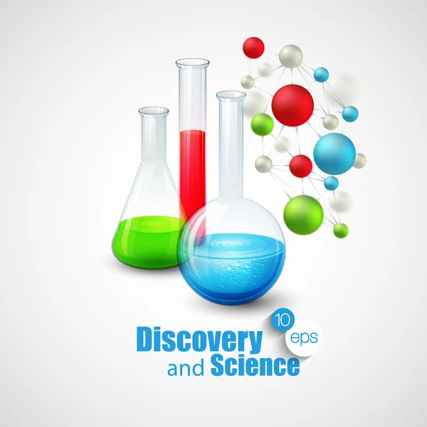 Χημικών επιστήμης και της ανακάλυψης. Vector εικονογράφηση. Μόριο φιάλες — Διανυσματικό Αρχείο