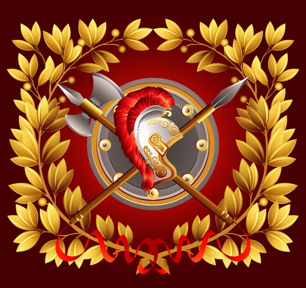 Arme antice şi o coroană de lauri. Ilustrație vectorială — Vector de stoc