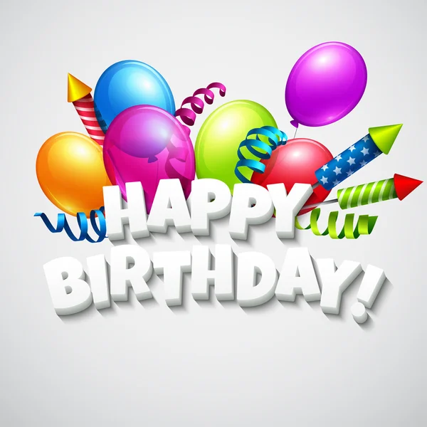Titel Happy Birthday mit Luftballons und Feuerwerkskörpern. Vektorillustration — Stockvektor