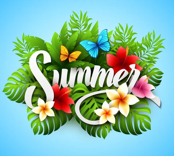 Inscription summer. Vector illustration with tropical plants and flowers — Stock Vector