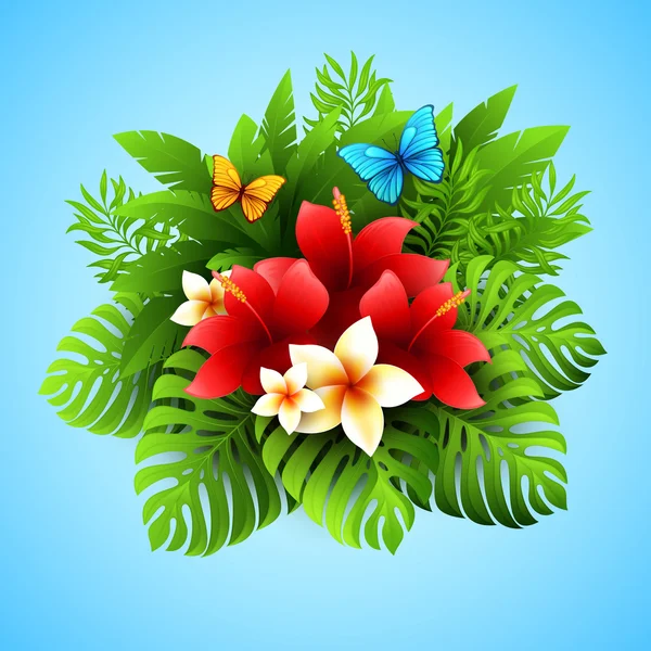 Ilustración vectorial con plantas tropicales y flores — Vector de stock