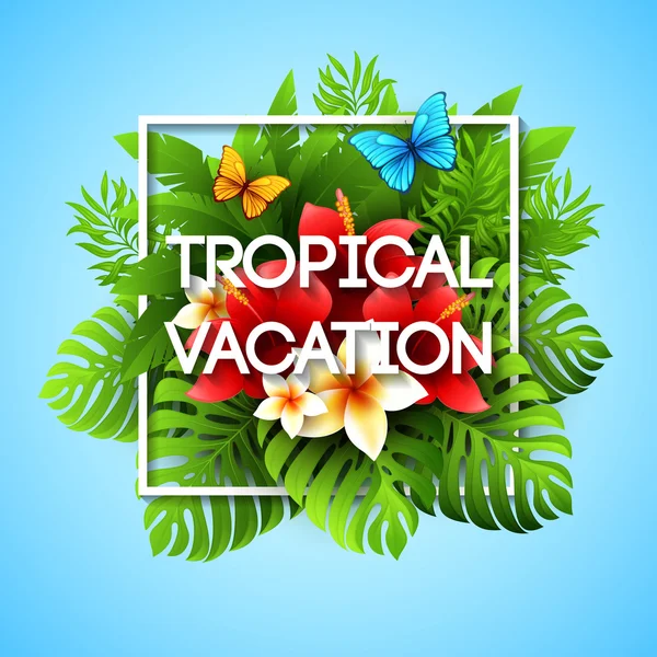 Des vacances exotiques. Illustration vectorielle avec plantes et fleurs tropicales — Image vectorielle