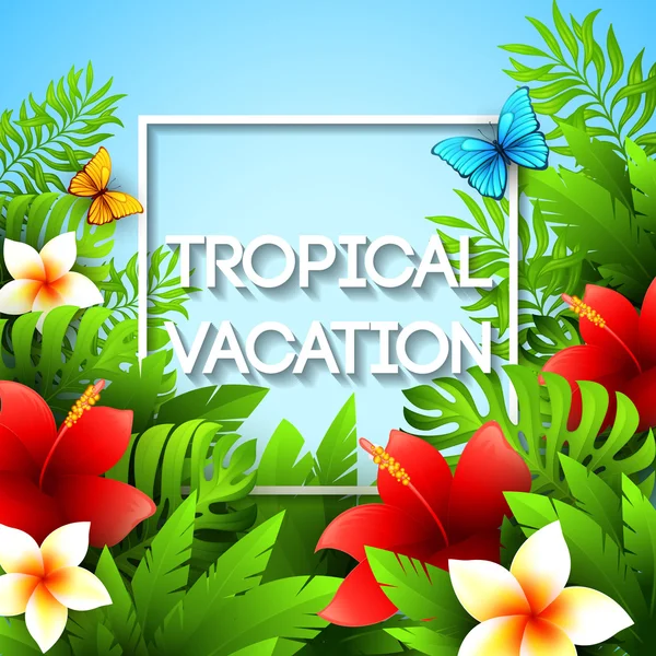 Des vacances exotiques. Illustration vectorielle avec plantes et fleurs tropicales — Image vectorielle