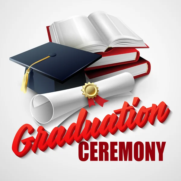 Ceremonia de graduación. Libro, sombrero y certificado. Ilustración vectorial — Archivo Imágenes Vectoriales