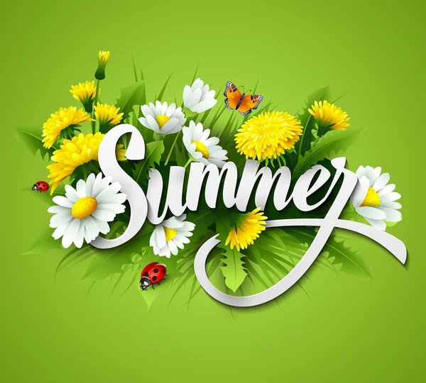 Svěží letní pozadí s trávou, pampelišky a sedmikrásky — Stockový vektor