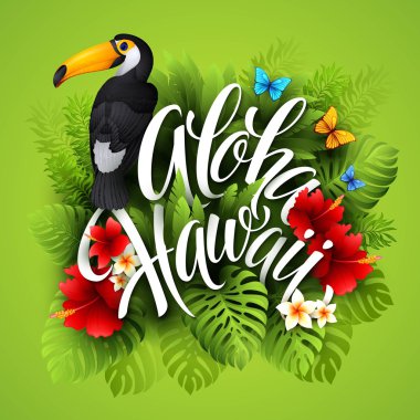 Aloha Hawaii. Egzotik çiçekler ile el yazı. Vektör çizim