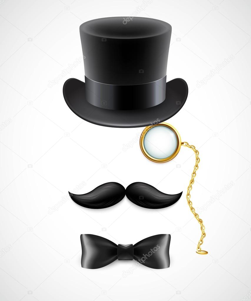 Vintage silhouette of top hat, mustaches, monocle and a bow tie. Vector illustration.