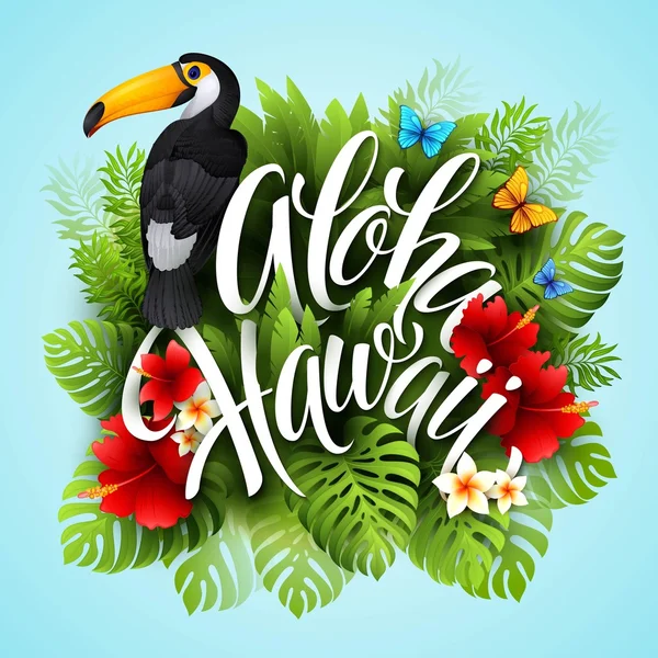 Aloha Hawaii. Letras de mano con flores exóticas. Ilustración vectorial — Vector de stock