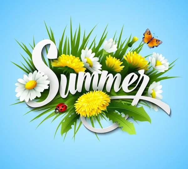 Свіжий літній фон з травою, кульбабами та ромашками — стоковий вектор