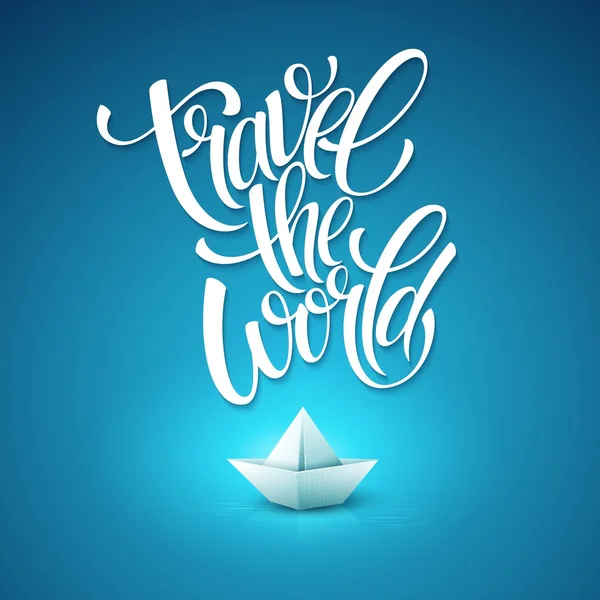 Travel the world type design with paper boat — Stock Vector