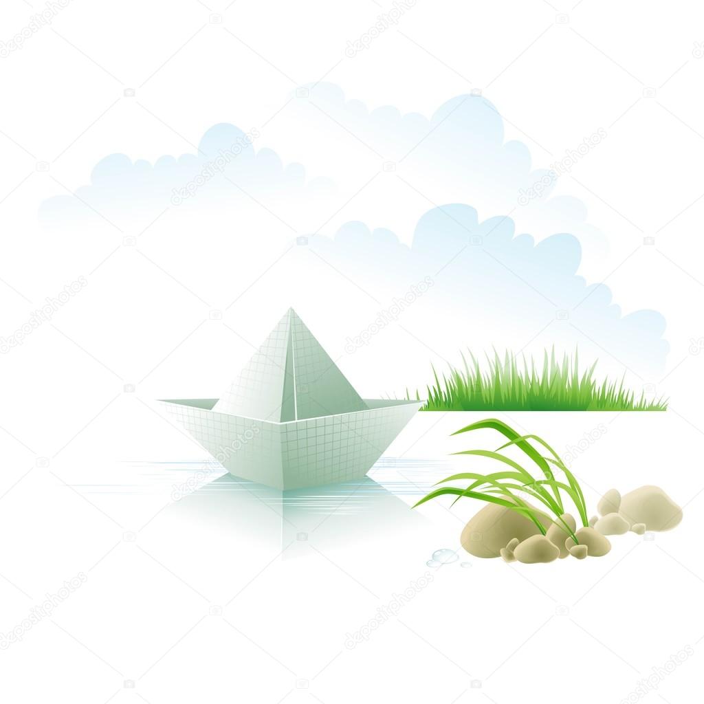 The paper ship on water about a grass.