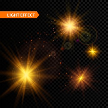 Parlayan ışık efekti kümesi patlamaları sparkles şeffaf arka plan ile yıldız. Vektör çizim