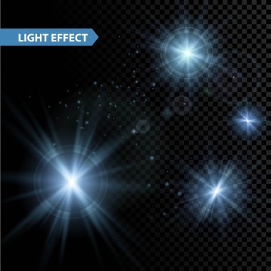 Parlayan ışık efekti kümesi patlamaları sparkles şeffaf arka plan ile yıldız. Vektör çizim