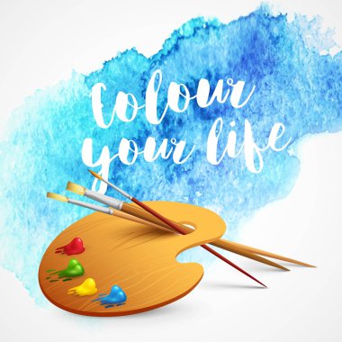 Realistic brush and palette on blue watercolor background clipart
