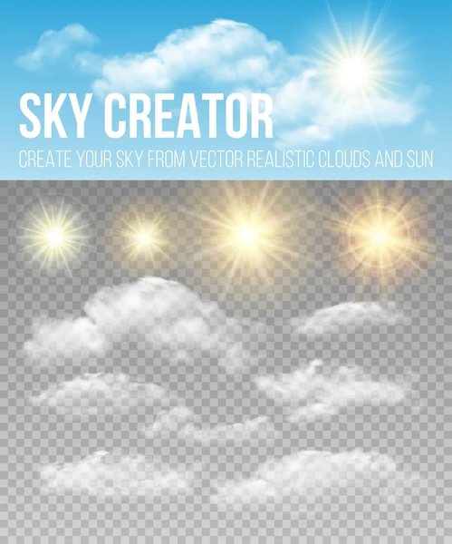 Sky creator. Set realistic clouds and sun. Vector illustration — Stock Vector