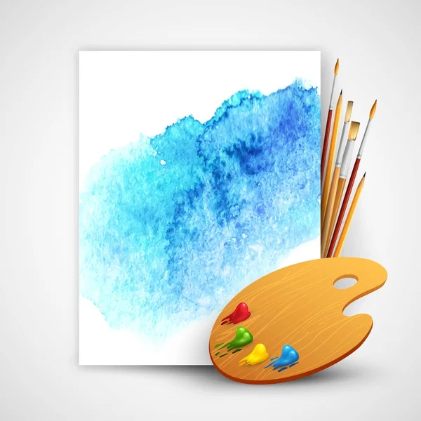 Cepillo realista y paleta sobre fondo azul acuarela — Vector de stock