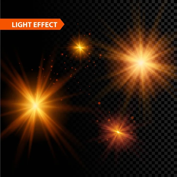 Conjunto de estrellas de efecto de luz brillante estalla con destellos sobre fondo transparente. Ilustración vectorial — Vector de stock