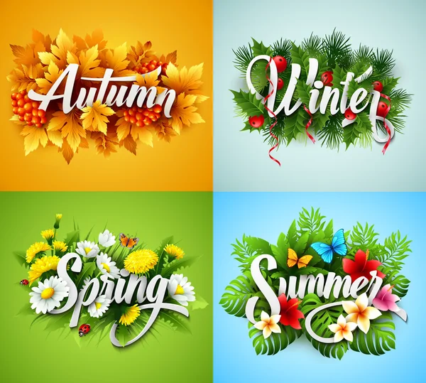 Four Seasons typografische Banner. Vectorillustratie — Stockvector