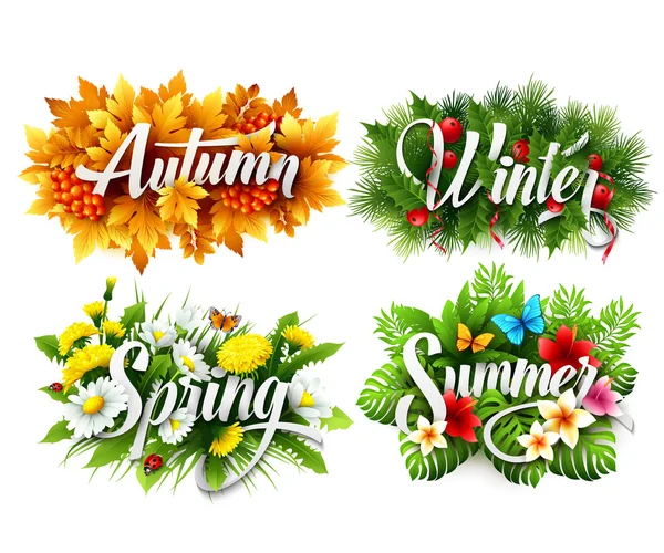 Vier Jahreszeiten typografisches Banner. Vektorillustration — Stockvektor