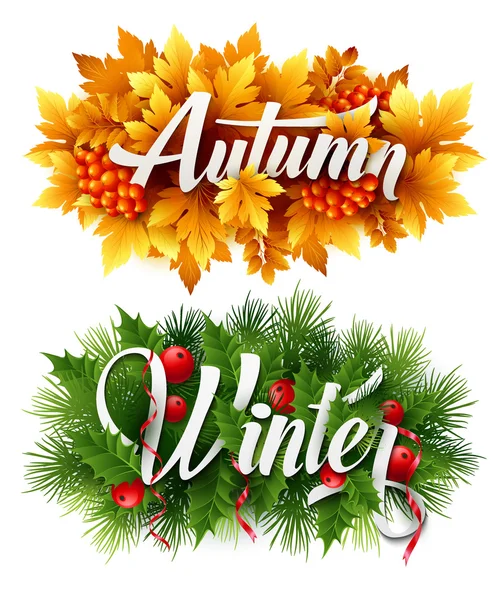 Auyumn and Winter Typographic Banner (en inglés). Ilustración vectorial — Vector de stock