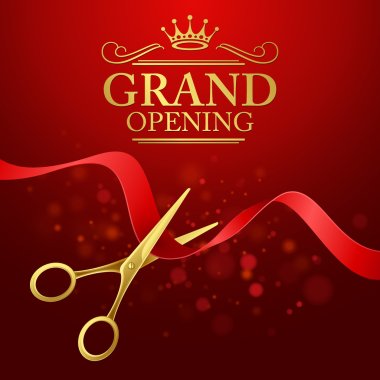 Grand opening illustration with red ribbon and gold scissors clipart