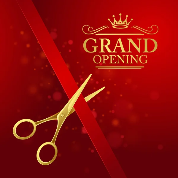 Grand opening illustration with red ribbon and gold scissors — Stock Vector