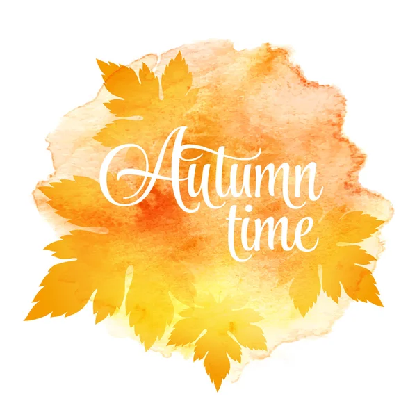 AUTUMN tempo e três folhas. Fundo aquarela. Ilustração vetorial — Vetor de Stock