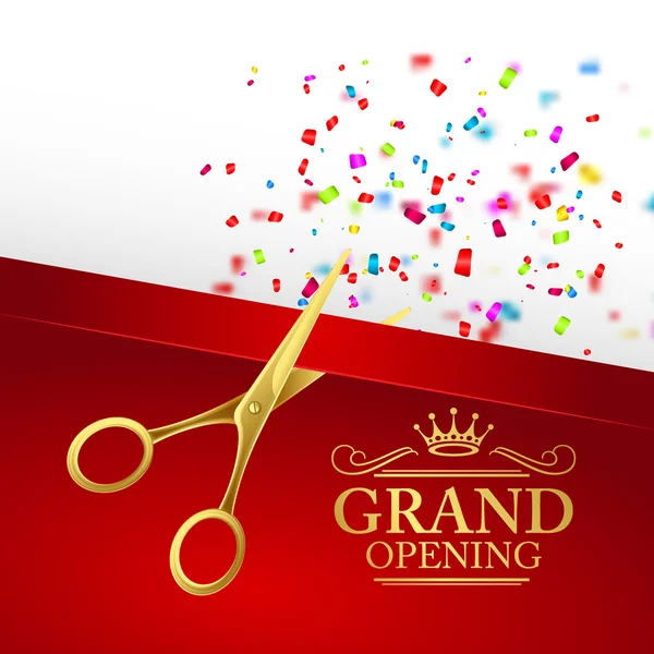 Grand opening illustration with red ribbon and gold scissors — Stock Vector