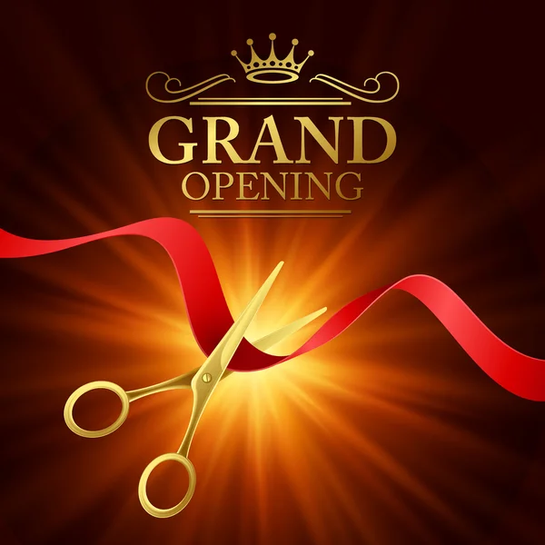 Grand opening illustration with red ribbon and gold scissors — Stock Vector