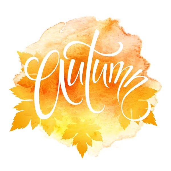 Word AUTUMN and three leaves. Watercolor background. Vector illustration — Stock Vector