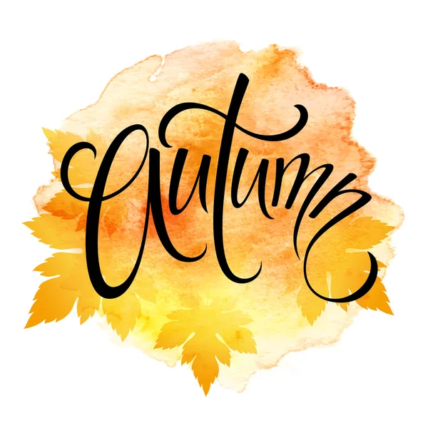 Wort Herbst und drei Blätter. Aquarell Hintergrund. Vektorillustration — Stockvektor