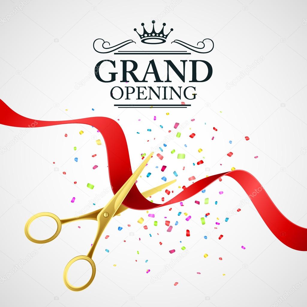 Grand opening illustration with red ribbon and gold scissors